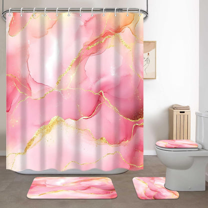 4Pcs Bathroom Sets with Shower Curtain and Rugs, Pink Gold Marble Modern Art Shower Curtain Sets with Rugs and Accessories