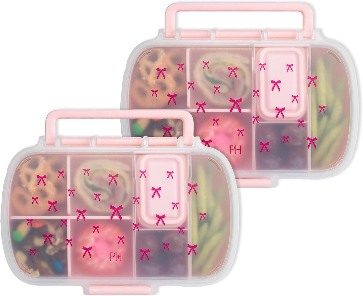 Paris Hilton 2-Pack Bento Style Snack Boxes, 7-Compartment Lunch Containers with Built-In Phone Stand, Removable Dividers and Dip Containers, Pink Bow Print