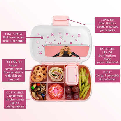 Paris Hilton 2-Pack Bento Style Snack Boxes, 7-Compartment Lunch Containers with Built-In Phone Stand, Removable Dividers and Dip Containers, Pink Bow Print