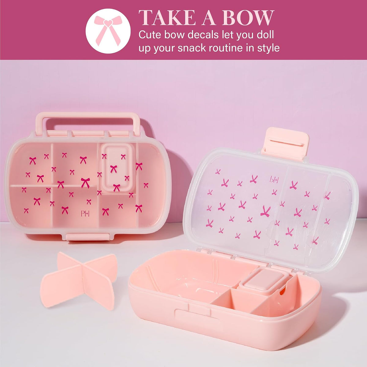 Paris Hilton 2-Pack Bento Style Snack Boxes, 7-Compartment Lunch Containers with Built-In Phone Stand, Removable Dividers and Dip Containers, Pink Bow Print
