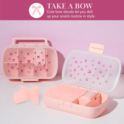 Paris Hilton 2-Pack Bento Style Snack Boxes, 7-Compartment Lunch Containers with Built-In Phone Stand, Removable Dividers and Dip Containers, Pink Bow Print