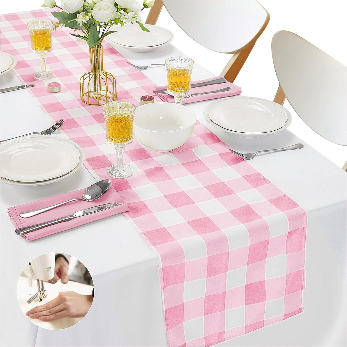 Fabric Checkered Table Runner 6 Pack Waterproof Gingham Table Runner 14W x 108L Buffalo Check Table Runners for Parties Kitchen Dining Wedding Banquet (Pink and White)