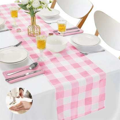 Fabric Checkered Table Runner 6 Pack Waterproof Gingham Table Runner 14W x 108L Buffalo Check Table Runners for Parties Kitchen Dining Wedding Banquet (Pink and White)
