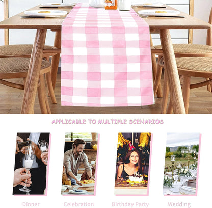 Fabric Checkered Table Runner 6 Pack Waterproof Gingham Table Runner 14W x 108L Buffalo Check Table Runners for Parties Kitchen Dining Wedding Banquet (Pink and White)