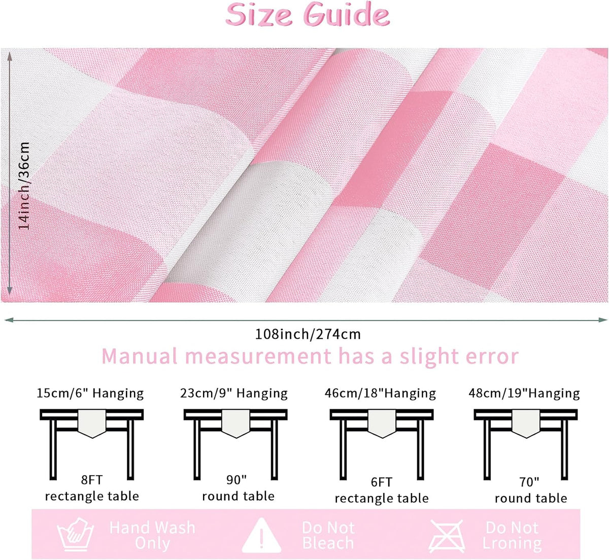 Fabric Checkered Table Runner 6 Pack Waterproof Gingham Table Runner 14W x 108L Buffalo Check Table Runners for Parties Kitchen Dining Wedding Banquet (Pink and White)