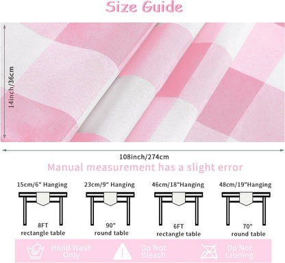 Fabric Checkered Table Runner 6 Pack Waterproof Gingham Table Runner 14W x 108L Buffalo Check Table Runners for Parties Kitchen Dining Wedding Banquet (Pink and White)