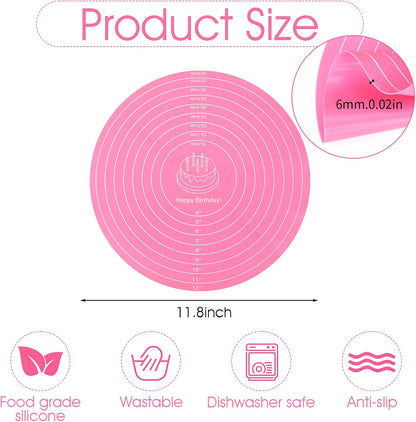 Round Silicone Baking Mat, 12In Cake Kneading Mats,Pastry Mats for Cake Turntable Stand Pastry Baking Sheet, Round Silicone Mat with Size Measurement Specification, Non-Stick, Pink