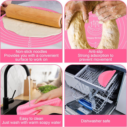 Round Silicone Baking Mat, 12In Cake Kneading Mats,Pastry Mats for Cake Turntable Stand Pastry Baking Sheet, Round Silicone Mat with Size Measurement Specification, Non-Stick, Pink