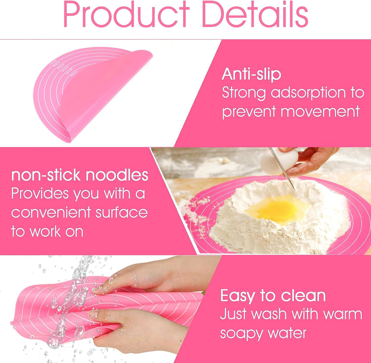 Round Silicone Baking Mat, 12In Cake Kneading Mats,Pastry Mats for Cake Turntable Stand Pastry Baking Sheet, Round Silicone Mat with Size Measurement Specification, Non-Stick, Pink