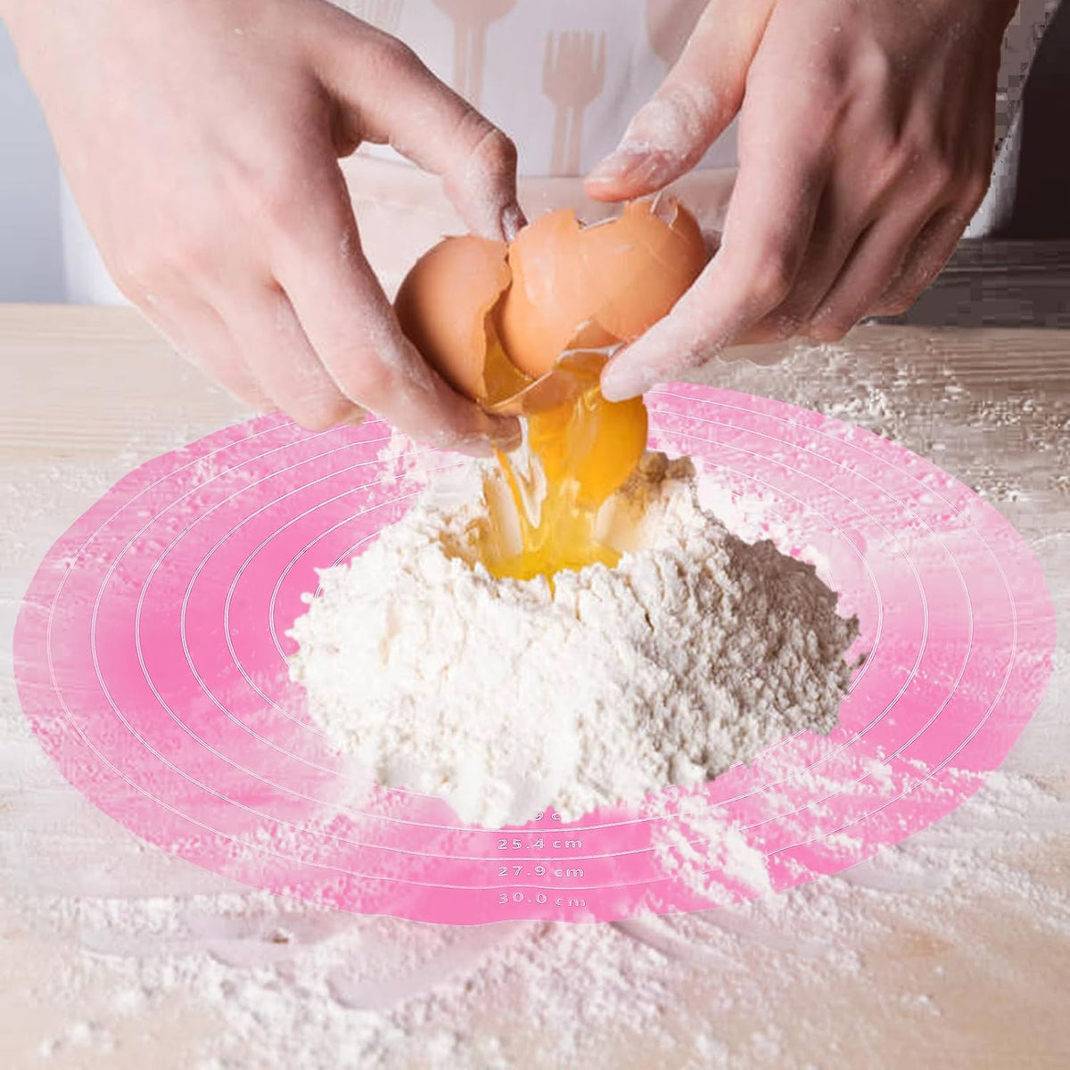 Round Silicone Baking Mat, 12In Cake Kneading Mats,Pastry Mats for Cake Turntable Stand Pastry Baking Sheet, Round Silicone Mat with Size Measurement Specification, Non-Stick, Pink