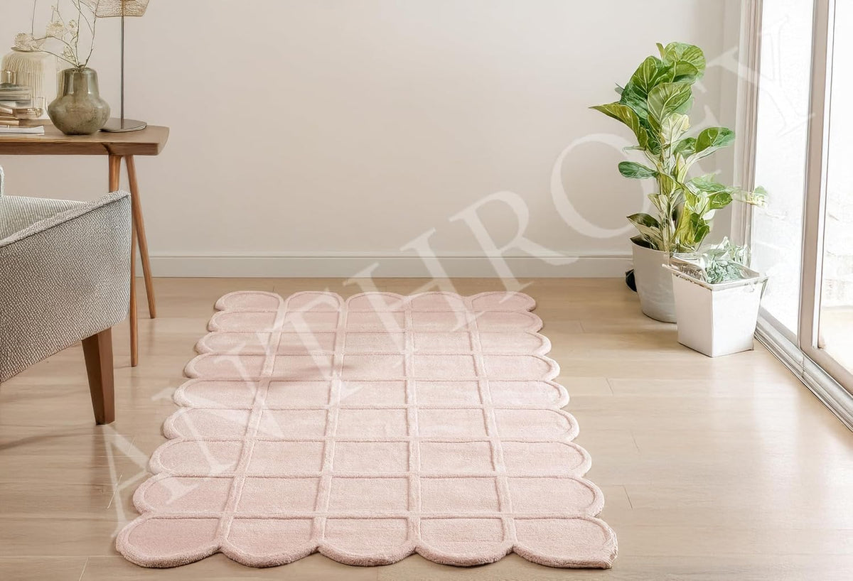 Selena Scallop Area Rug – 3’ x 5' – Handmade Wool Area Rugs – Pink – Rugs for Living Room, Bedroom – Anti-Skid – Carpets with Non-Slip Natural Backing with 100% Cotton