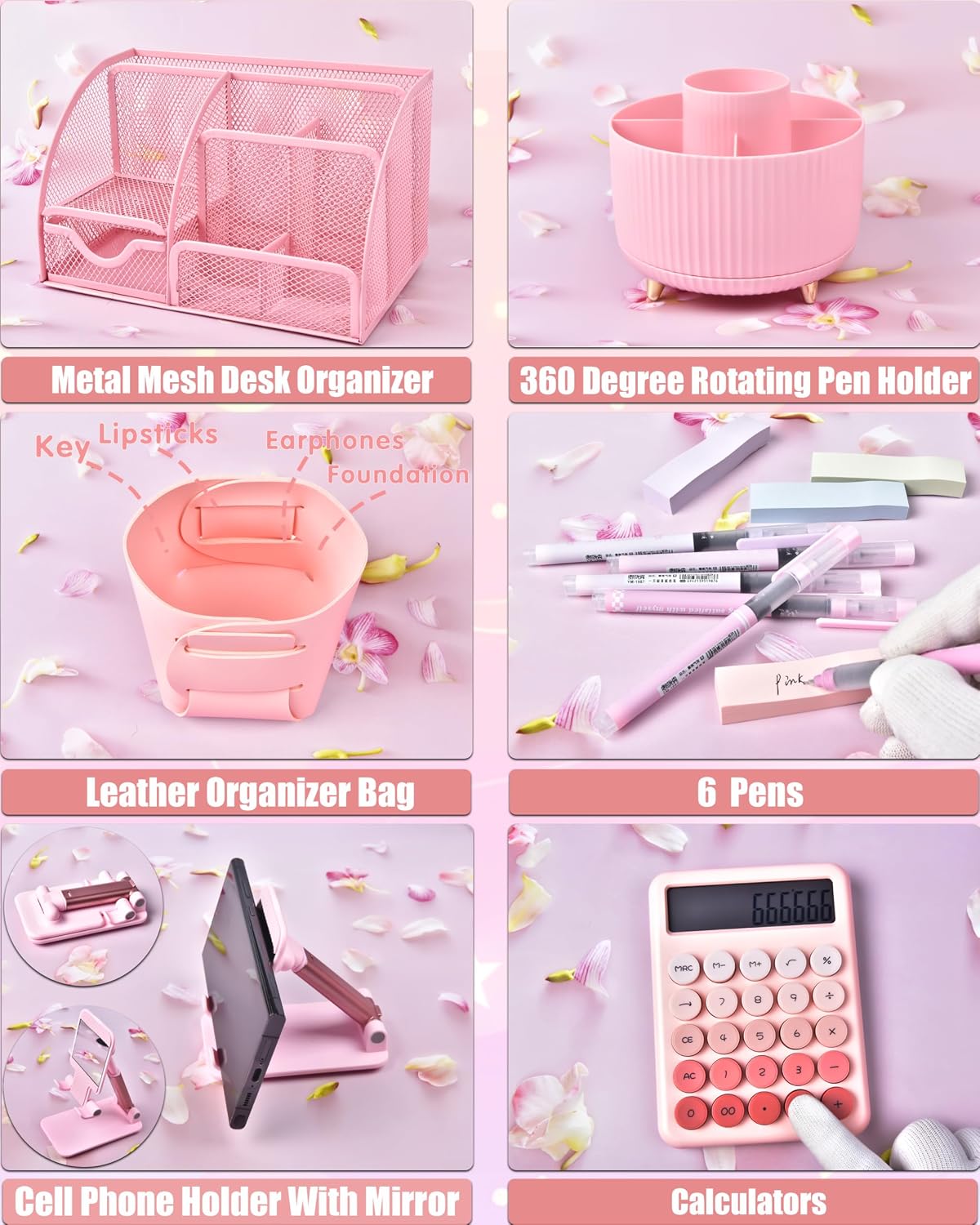 LXEVIHK Pink Desk Accessories 21-Piece Office Supplies Gift Set for Women