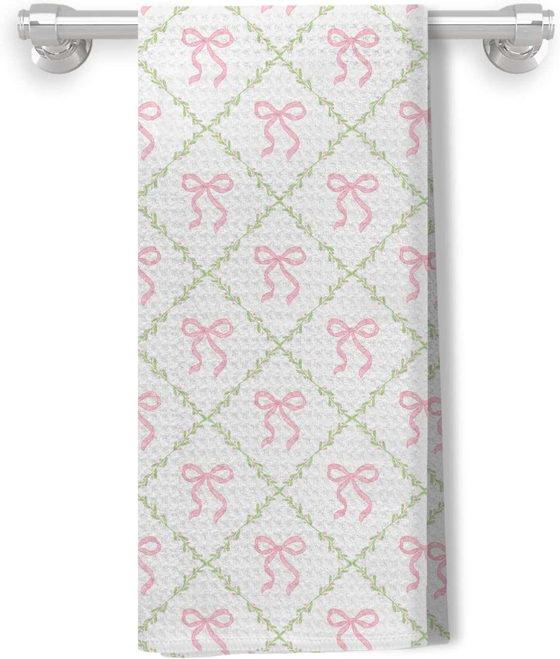 Coquette Pink Bow Kitchen Dish Towels, Grandmillennial Pink Ribbon Green Botanical Decorative Hand Towels for Bathroom Kitchen, Coquette Bathroom Decor, 16x24 Inch