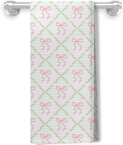 Coquette Pink Bow Kitchen Dish Towels, Grandmillennial Pink Ribbon Green Botanical Decorative Hand Towels for Bathroom Kitchen, Coquette Bathroom Decor, 16x24 Inch
