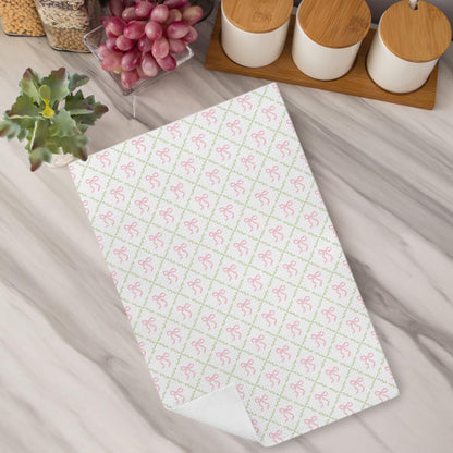 Coquette Pink Bow Kitchen Dish Towels, Grandmillennial Pink Ribbon Green Botanical Decorative Hand Towels for Bathroom Kitchen, Coquette Bathroom Decor, 16x24 Inch