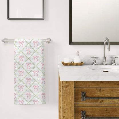 Coquette Pink Bow Kitchen Dish Towels, Grandmillennial Pink Ribbon Green Botanical Decorative Hand Towels for Bathroom Kitchen, Coquette Bathroom Decor, 16x24 Inch