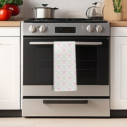 Coquette Pink Bow Kitchen Dish Towels, Grandmillennial Pink Ribbon Green Botanical Decorative Hand Towels for Bathroom Kitchen, Coquette Bathroom Decor, 16x24 Inch