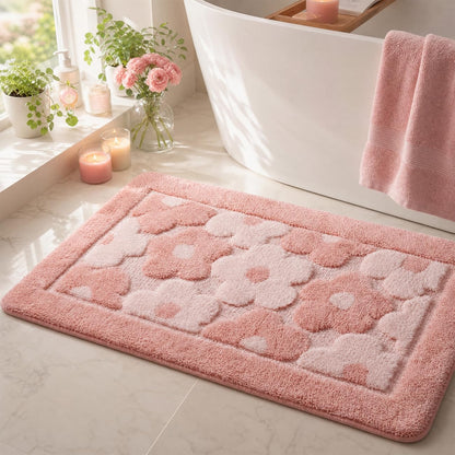 Pink Flower Bath Mat Cute Bathroom Rugs Floral Shower Mat 20" x 32"