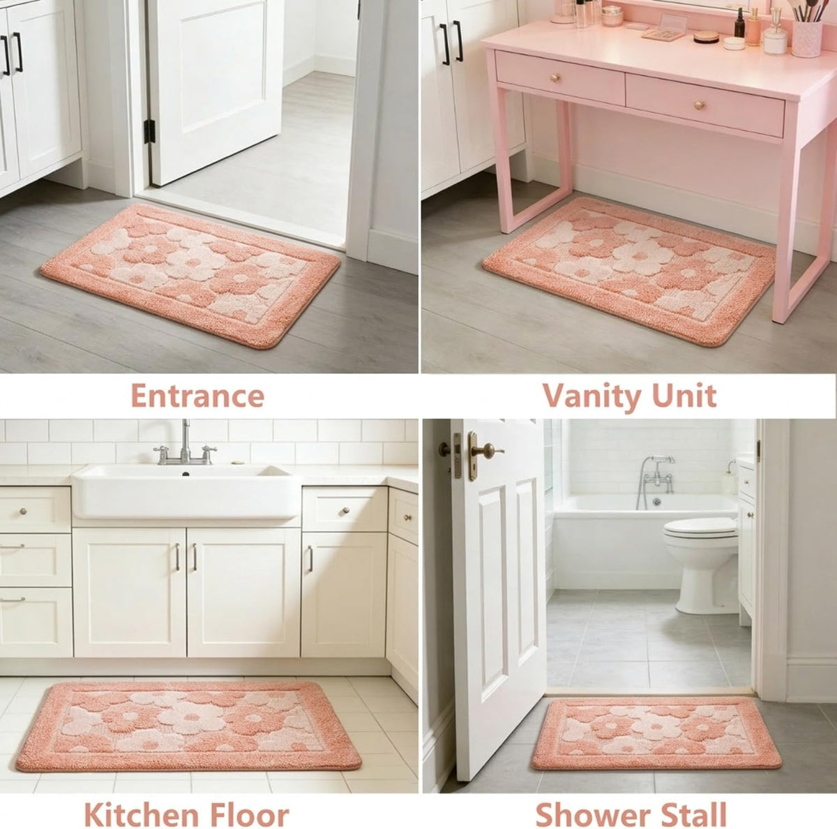 Pink Flower Bath Mat Cute Bathroom Rugs Floral Shower Mat 20" x 32"