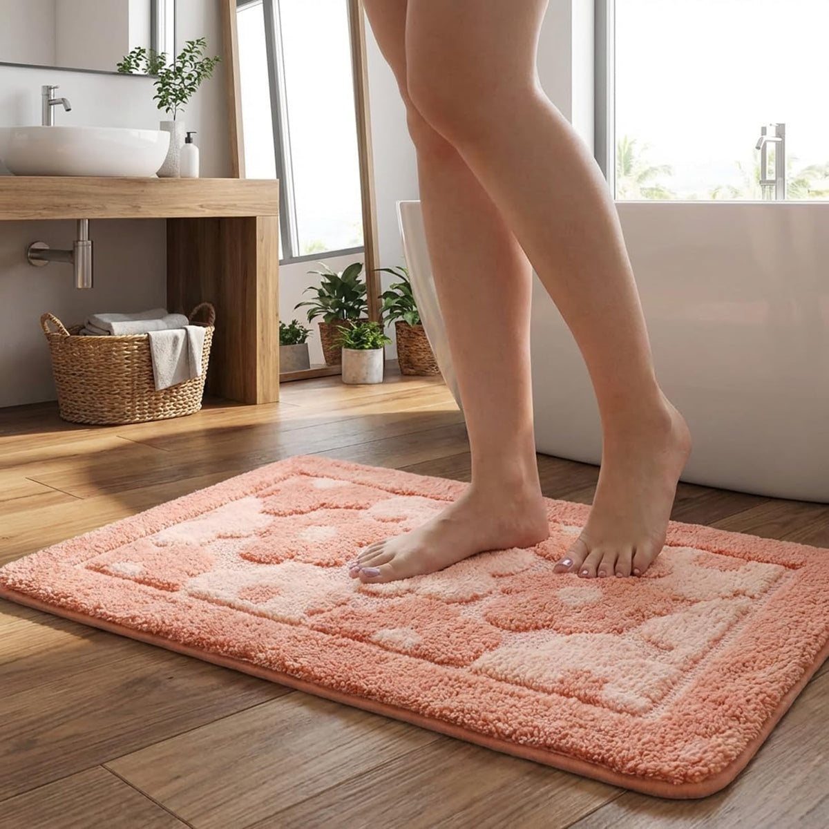 Pink Flower Bath Mat Cute Bathroom Rugs Floral Shower Mat 20" x 32"