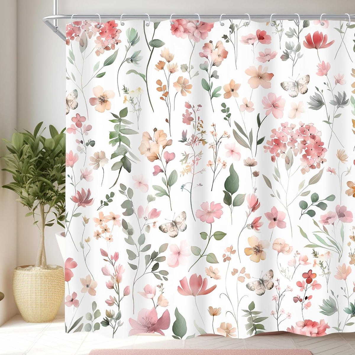 Pink Blush Coral Flower Floral Women Girls Leaf Bathroom Shower Curtain Set