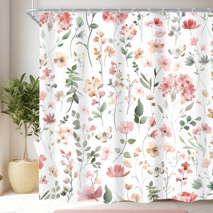 Pink Blush Coral Flower Floral Women Girls Leaf Bathroom Shower Curtain Set
