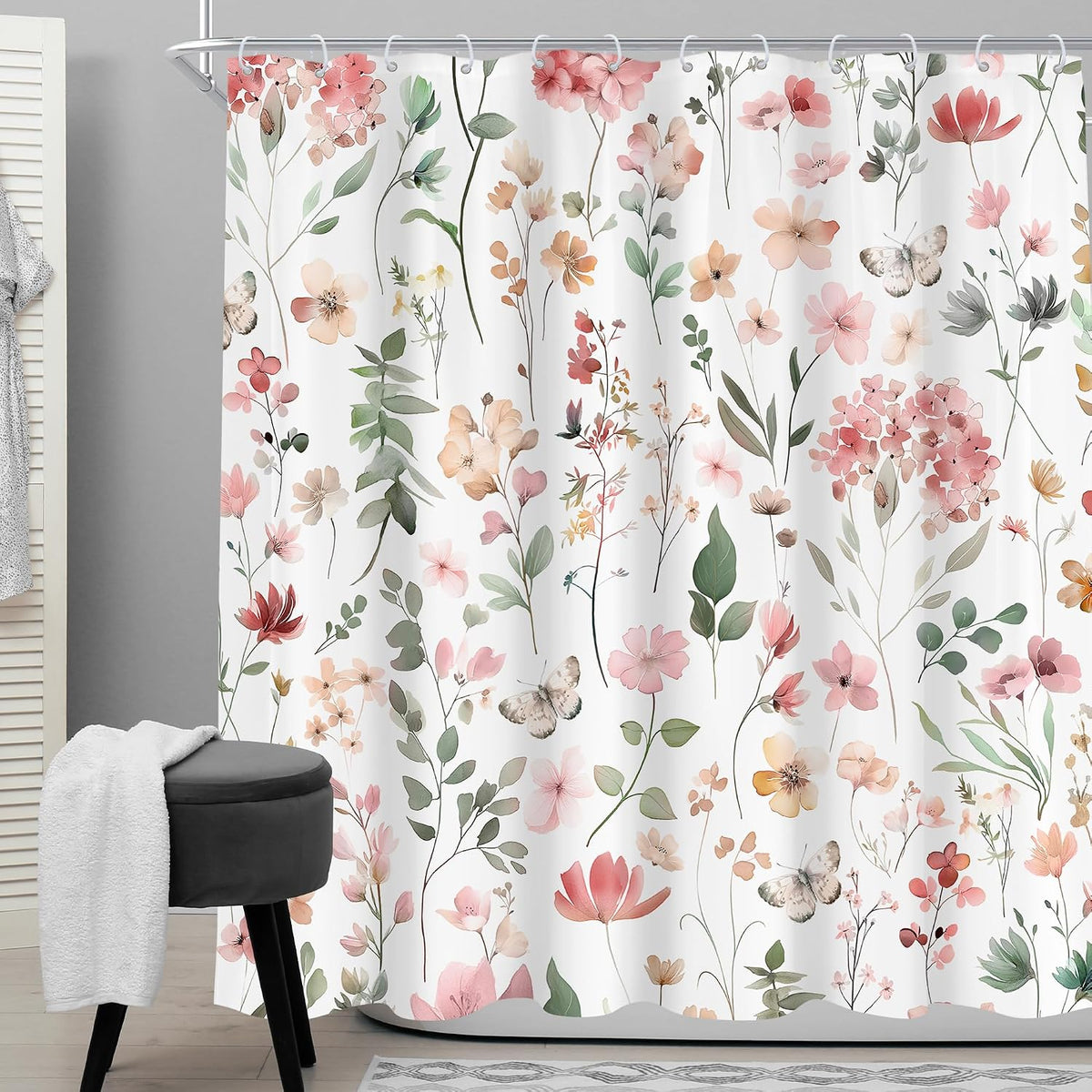 Pink Blush Coral Flower Floral Women Girls Leaf Bathroom Shower Curtain Set
