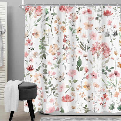 Pink Blush Coral Flower Floral Women Girls Leaf Bathroom Shower Curtain Set
