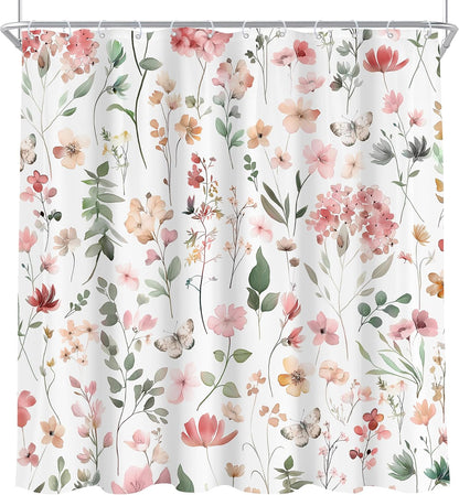 Pink Blush Coral Flower Floral Women Girls Leaf Bathroom Shower Curtain Set