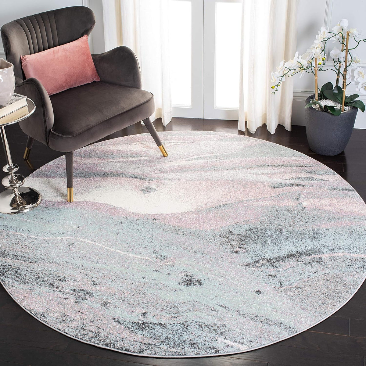 Glacier Collection Area Rug - 3' Round, Pink & Blue, Modern Abstract Design, Non-Shedding & Easy Care, Ideal for High Traffic Areas in Living Room, Bedroom (GLA126U)
