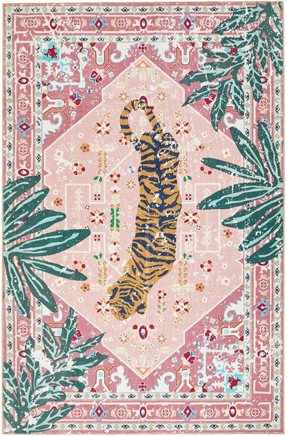Tribal Rugs, 3x5 Pink Boho Small Area Rugs for Bathroom Kitchen Small Indoor Entryway Rug Modern Vintage Distressed Summer Tropical Jungle Carpet Non-Slip Washable