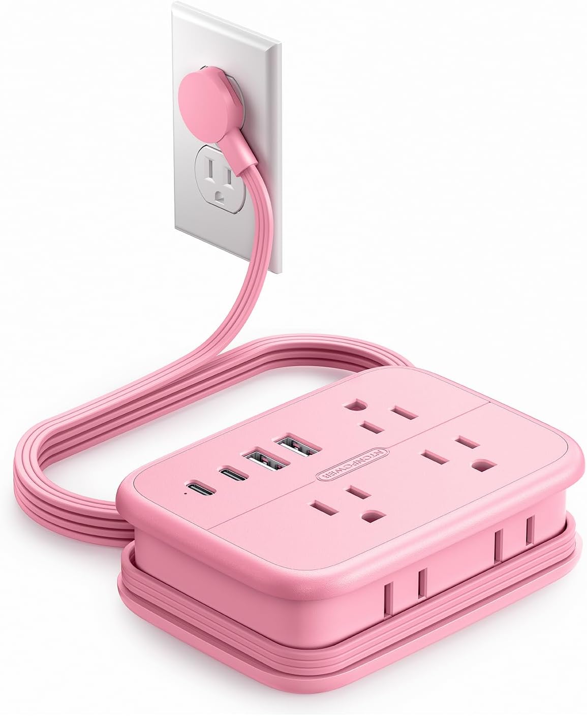 Pink Extension Cord, Travel Power Strip, 6 Outlets 4 USB Ports(2 USB C), 4ft Extension Cord Wrapped Around Small Power Strip, Compact for Travel, Hotel, Cruise Approved, White