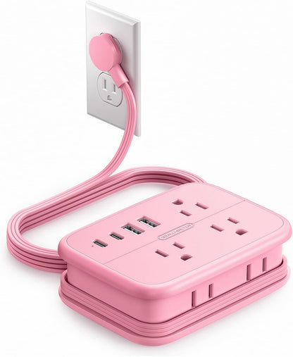 Pink Extension Cord, Travel Power Strip, 6 Outlets 4 USB Ports(2 USB C), 4ft Extension Cord Wrapped Around Small Power Strip, Compact for Travel, Hotel, Cruise Approved, White