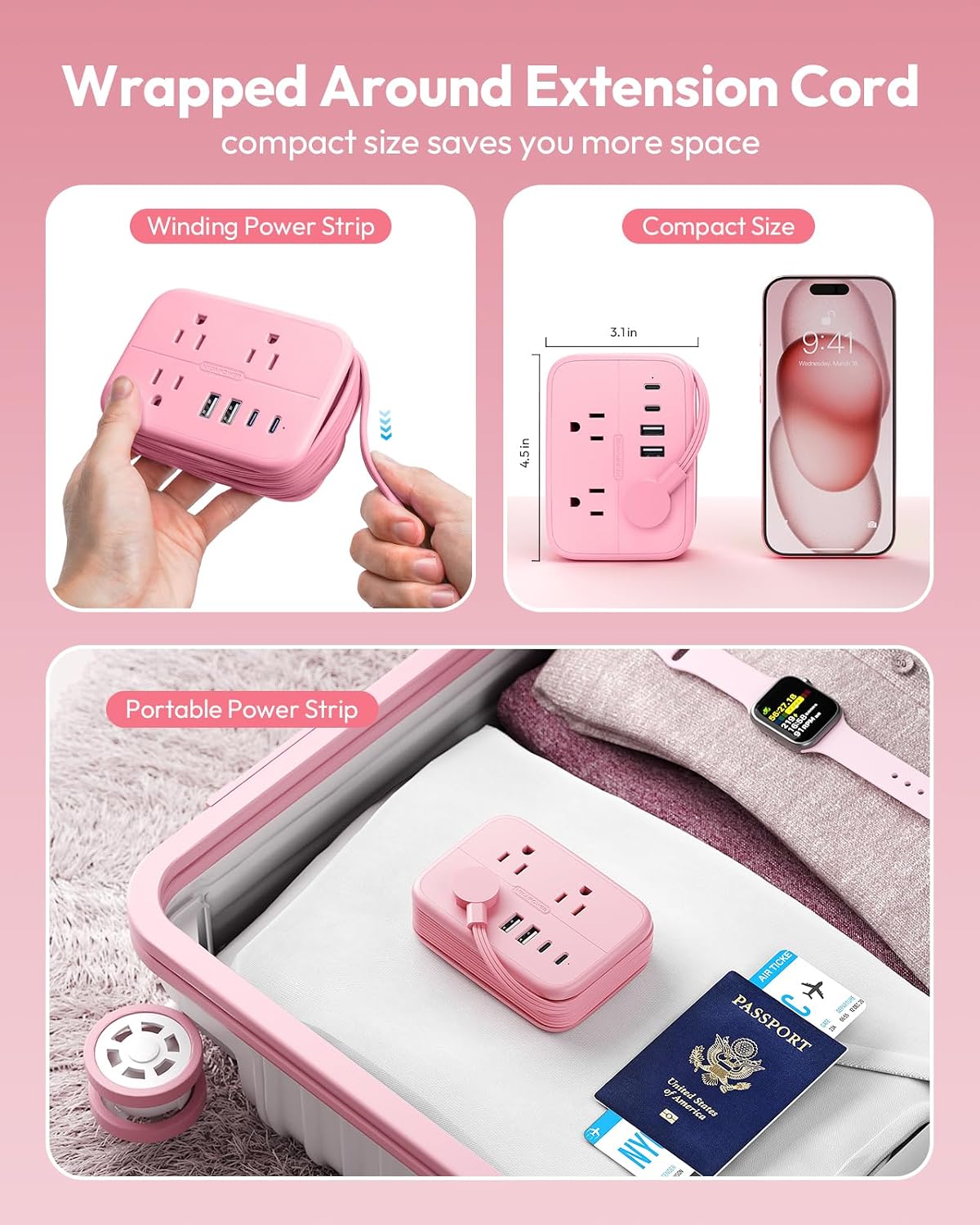 Pink Extension Cord, Travel Power Strip, 6 Outlets 4 USB Ports(2 USB C), 4ft Extension Cord Wrapped Around Small Power Strip, Compact for Travel, Hotel, Cruise Approved, White