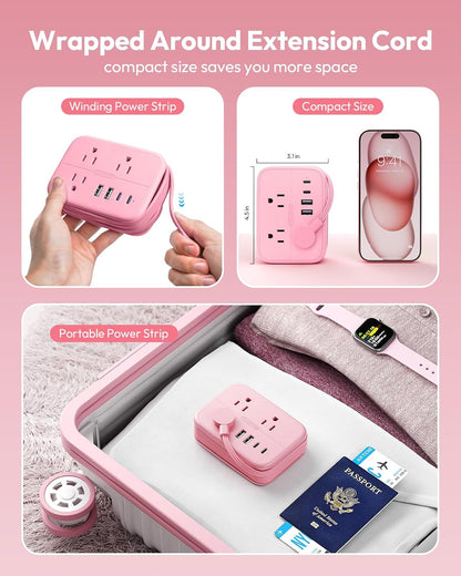 Pink Extension Cord, Travel Power Strip, 6 Outlets 4 USB Ports(2 USB C), 4ft Extension Cord Wrapped Around Small Power Strip, Compact for Travel, Hotel, Cruise Approved, White