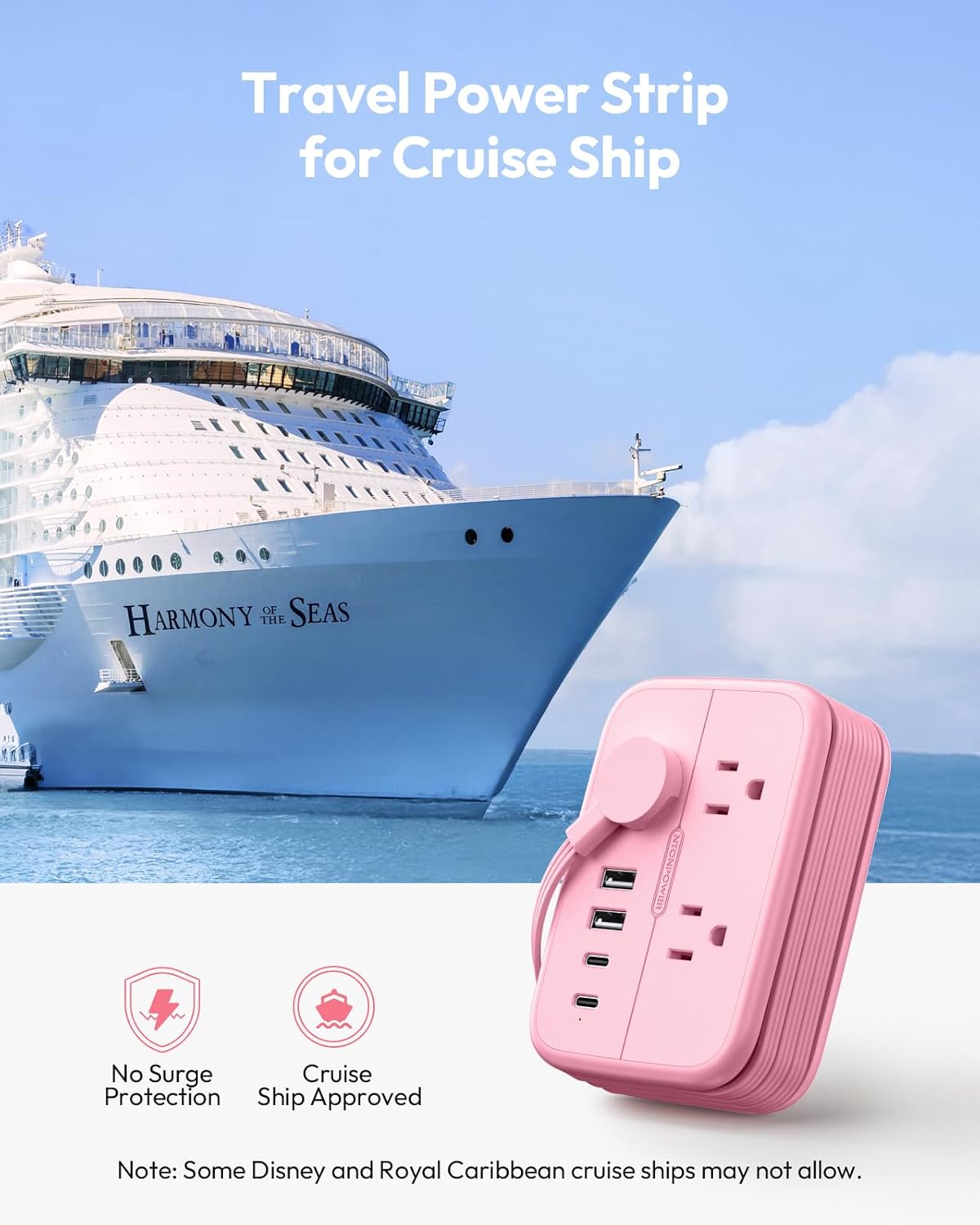 Pink Extension Cord, Travel Power Strip, 6 Outlets 4 USB Ports(2 USB C), 4ft Extension Cord Wrapped Around Small Power Strip, Compact for Travel, Hotel, Cruise Approved, White