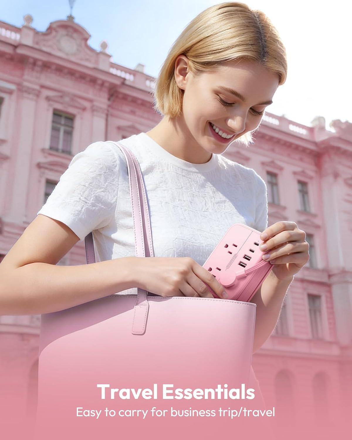 Pink Extension Cord, Travel Power Strip, 6 Outlets 4 USB Ports(2 USB C), 4ft Extension Cord Wrapped Around Small Power Strip, Compact for Travel, Hotel, Cruise Approved, White