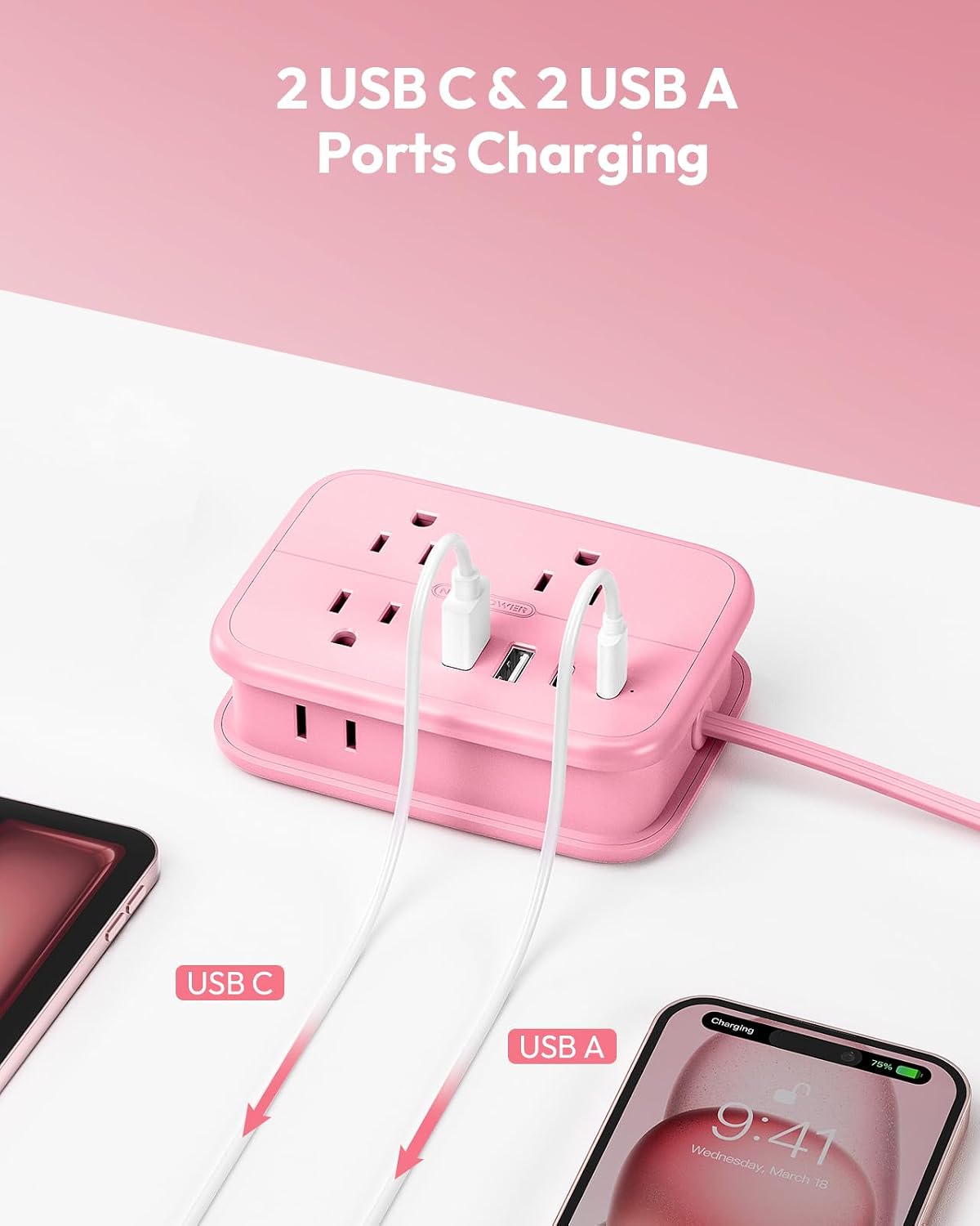 Pink Extension Cord, Travel Power Strip, 6 Outlets 4 USB Ports(2 USB C), 4ft Extension Cord Wrapped Around Small Power Strip, Compact for Travel, Hotel, Cruise Approved, White