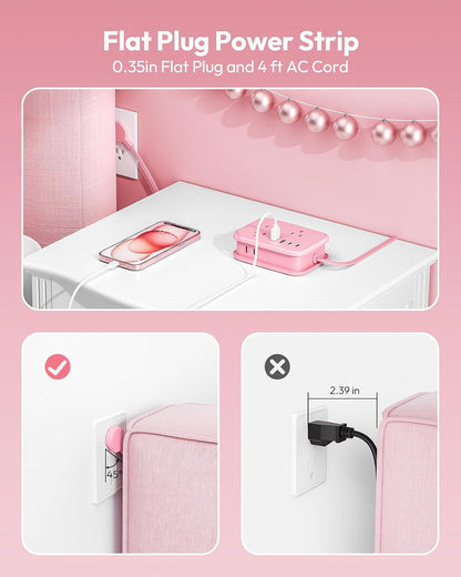 Pink Extension Cord, Travel Power Strip, 6 Outlets 4 USB Ports(2 USB C), 4ft Extension Cord Wrapped Around Small Power Strip, Compact for Travel, Hotel, Cruise Approved, White