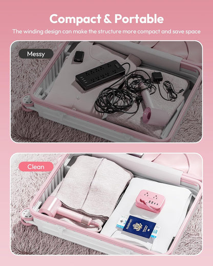 Pink Extension Cord, Travel Power Strip, 6 Outlets 4 USB Ports(2 USB C), 4ft Extension Cord Wrapped Around Small Power Strip, Compact for Travel, Hotel, Cruise Approved, White