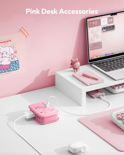Pink Extension Cord, Travel Power Strip, 6 Outlets 4 USB Ports(2 USB C), 4ft Extension Cord Wrapped Around Small Power Strip, Compact for Travel, Hotel, Cruise Approved, White