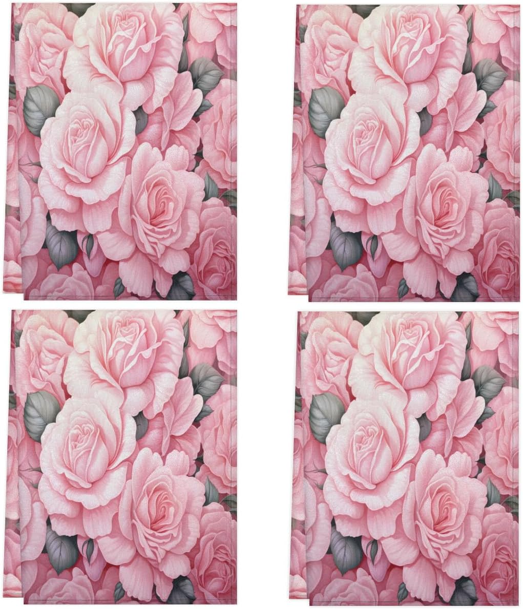 KOBLEN Pastel Pink Rosebed Kitchen Towels 28.3x17.7 Inch, Set of 4 Quick Dry Polyester Dish Towels, Super Absorbent Reusable Towel for Drying, Cleaning, Cooking, Baking