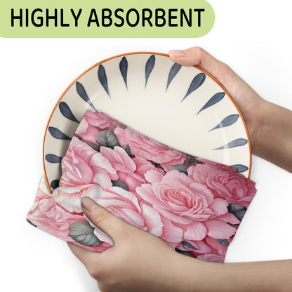 KOBLEN Pastel Pink Rosebed Kitchen Towels 28.3x17.7 Inch, Set of 4 Quick Dry Polyester Dish Towels, Super Absorbent Reusable Towel for Drying, Cleaning, Cooking, Baking