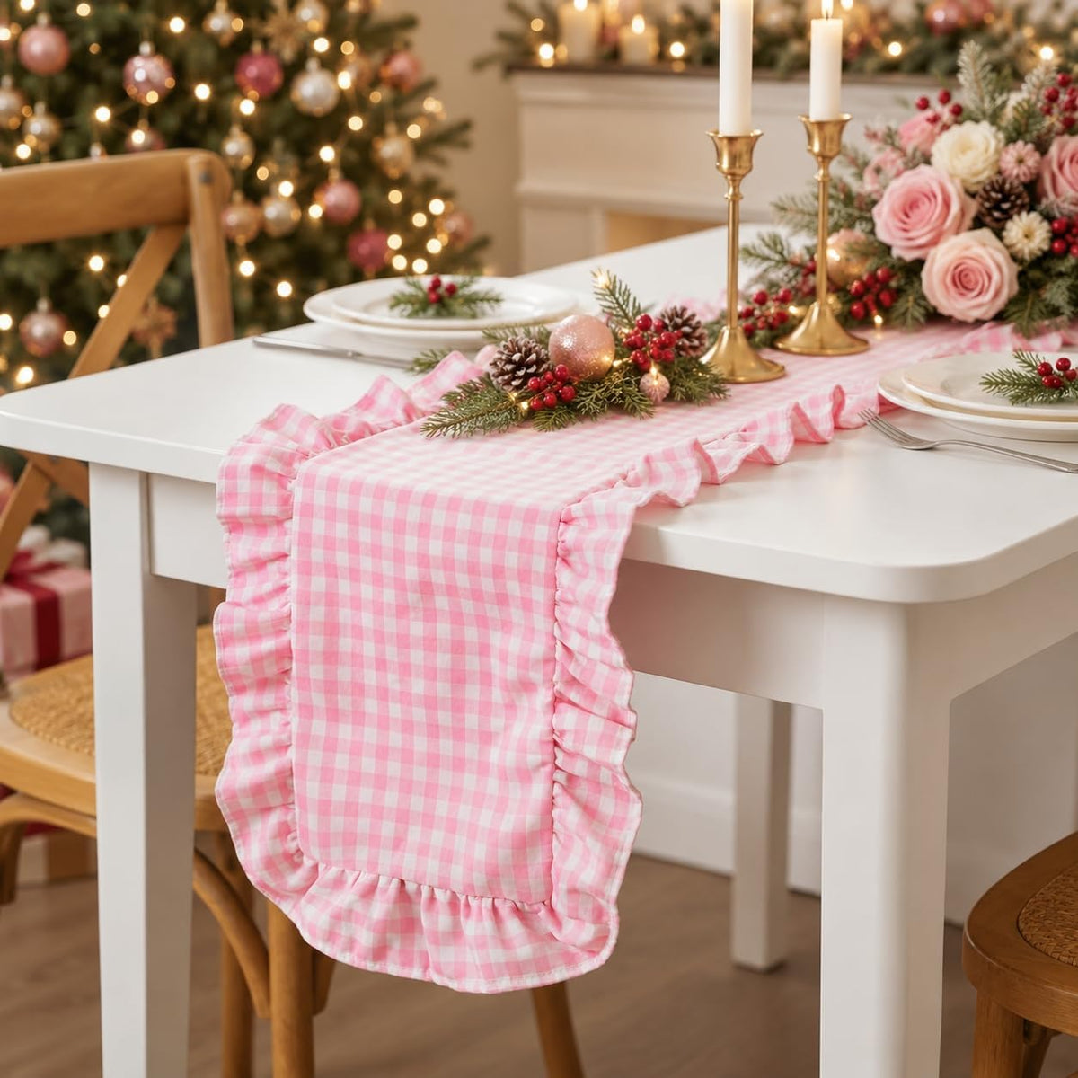 Pink Plaid Gingham Ruffle Table Runner 13.8 x 72 Inch Farmhouse Table Cover Cotton Scallop Edge Decor for Birthday Wedding Kitchen Rustic Home Table Decor