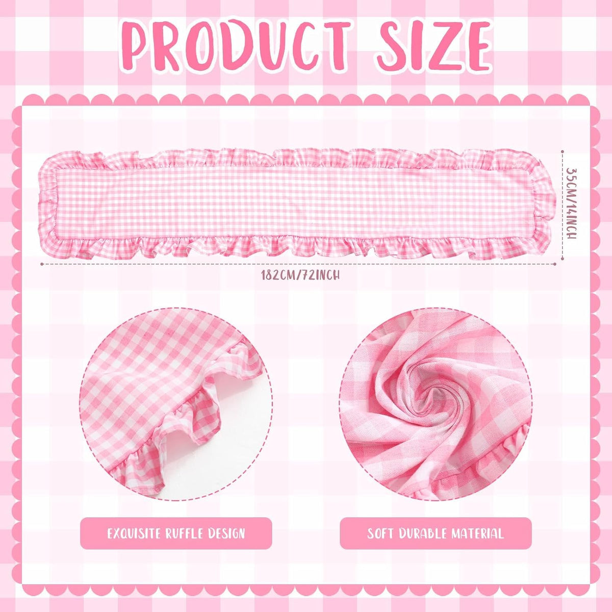 Pink Plaid Gingham Ruffle Table Runner 13.8 x 72 Inch Farmhouse Table Cover Cotton Scallop Edge Decor for Birthday Wedding Kitchen Rustic Home Table Decor