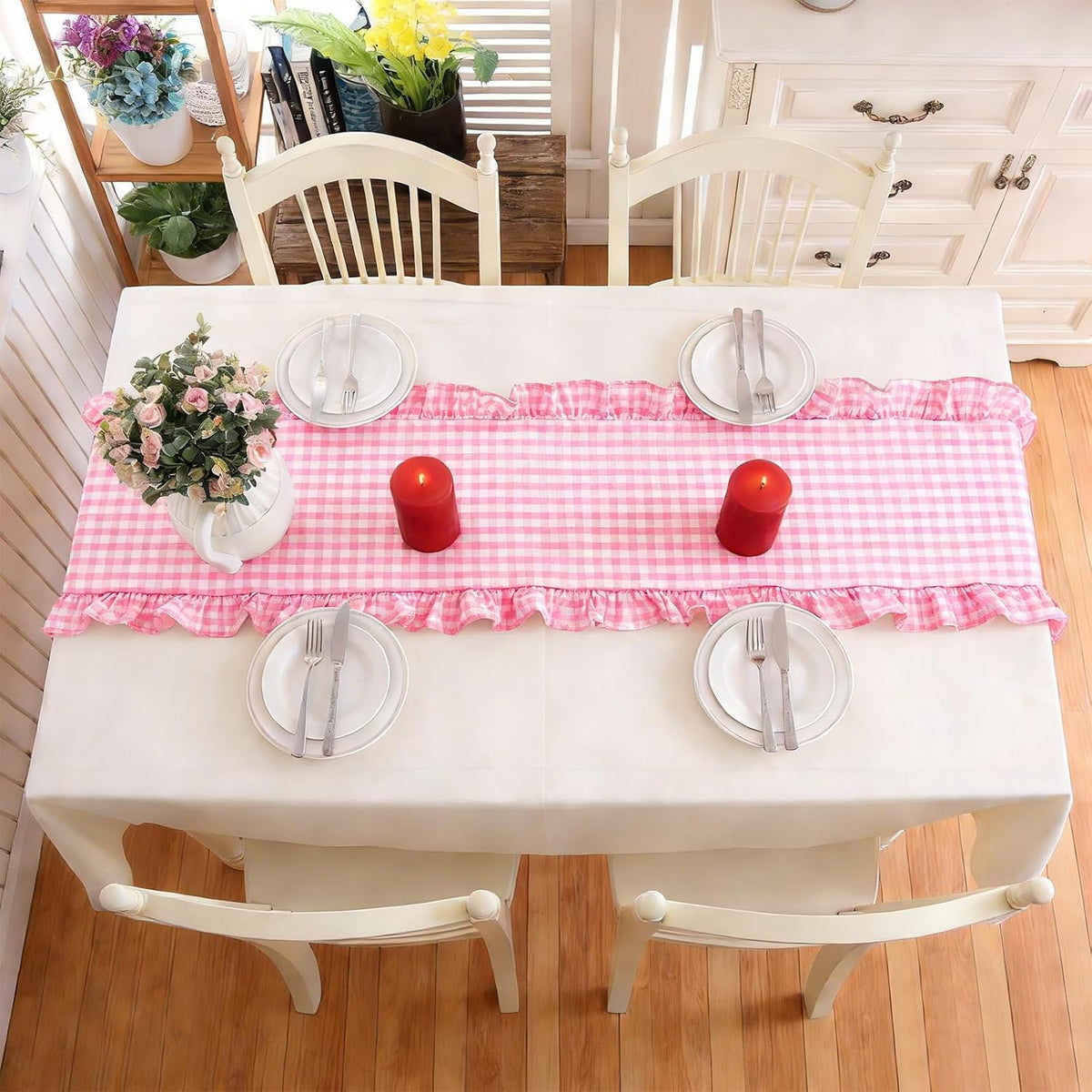 Pink Plaid Gingham Ruffle Table Runner 13.8 x 72 Inch Farmhouse Table Cover Cotton Scallop Edge Decor for Birthday Wedding Kitchen Rustic Home Table Decor