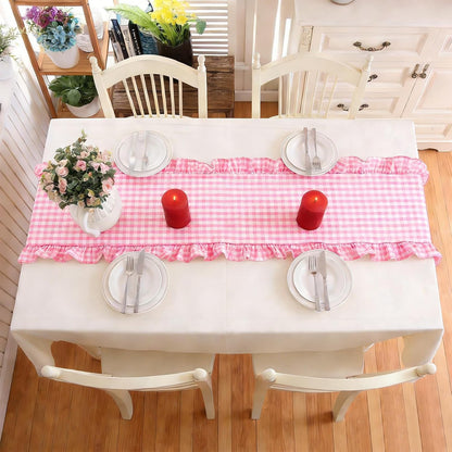 Pink Plaid Gingham Ruffle Table Runner 13.8 x 72 Inch Farmhouse Table Cover Cotton Scallop Edge Decor for Birthday Wedding Kitchen Rustic Home Table Decor