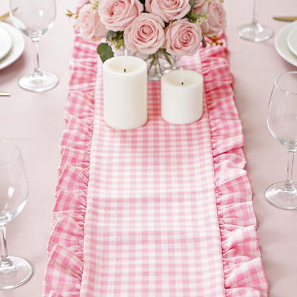 Pink Plaid Gingham Ruffle Table Runner 13.8 x 72 Inch Farmhouse Table Cover Cotton Scallop Edge Decor for Birthday Wedding Kitchen Rustic Home Table Decor