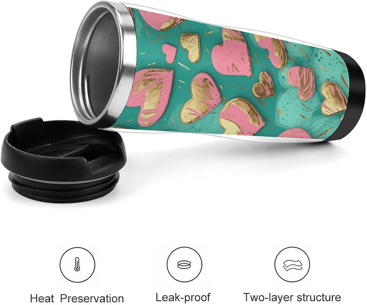 Peach Heart Pattern Stainless Steel Travel Mug, Leak-proof Reusable Thermal Coffee Cup with Lid for Hot & Cold Drinks, Insulated Tumbler for Commuting And Travel
