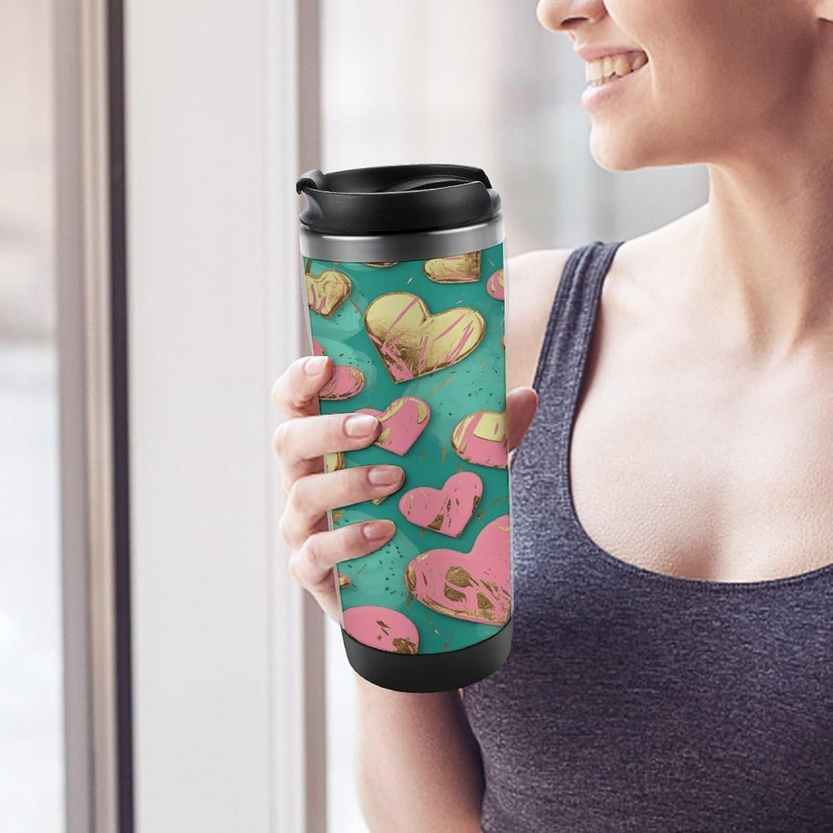Peach Heart Pattern Stainless Steel Travel Mug, Leak-proof Reusable Thermal Coffee Cup with Lid for Hot & Cold Drinks, Insulated Tumbler for Commuting And Travel